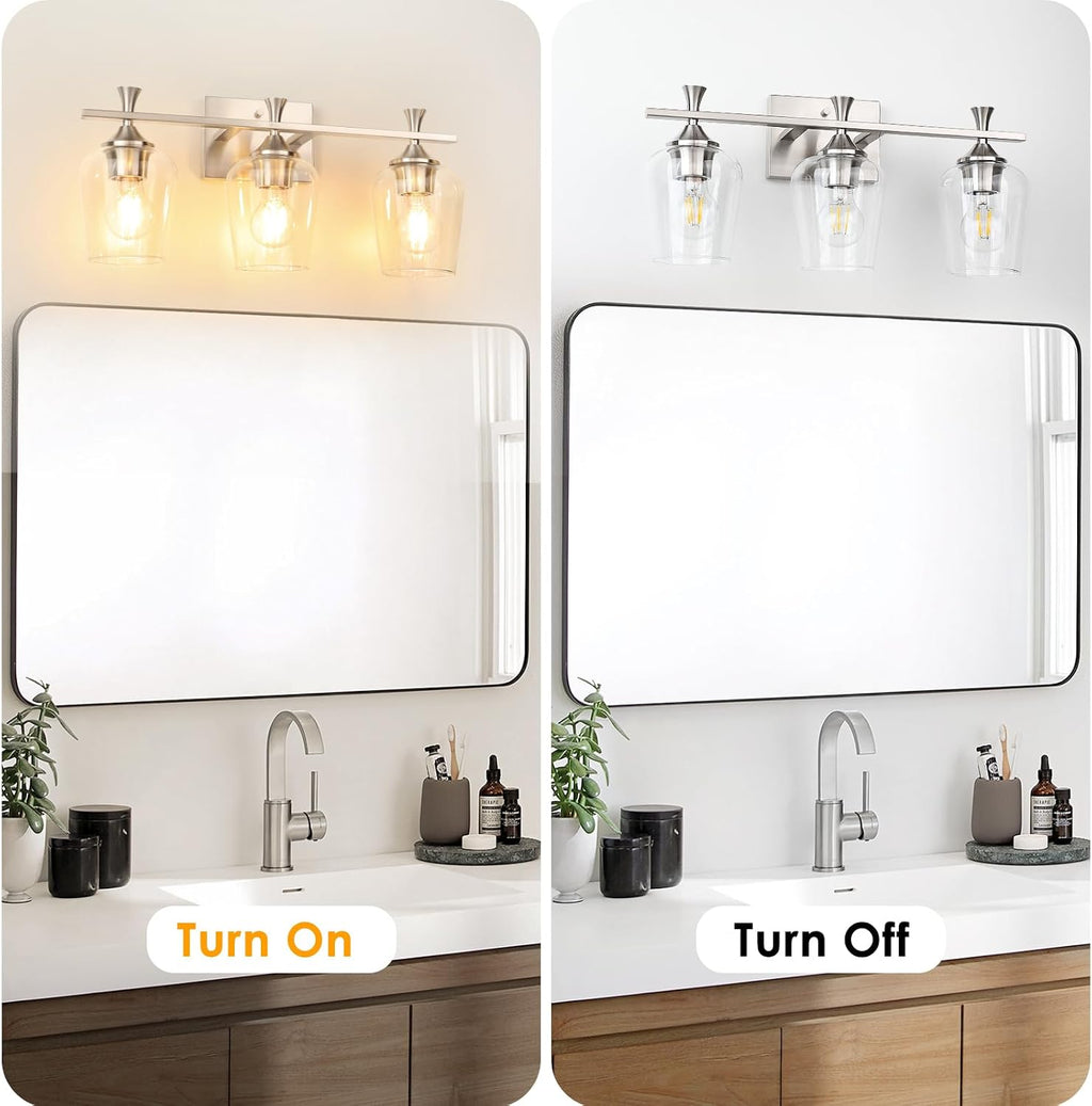 Silver Bathroom Vanity Light, 3-Light Wall Sconce with Glass Shade