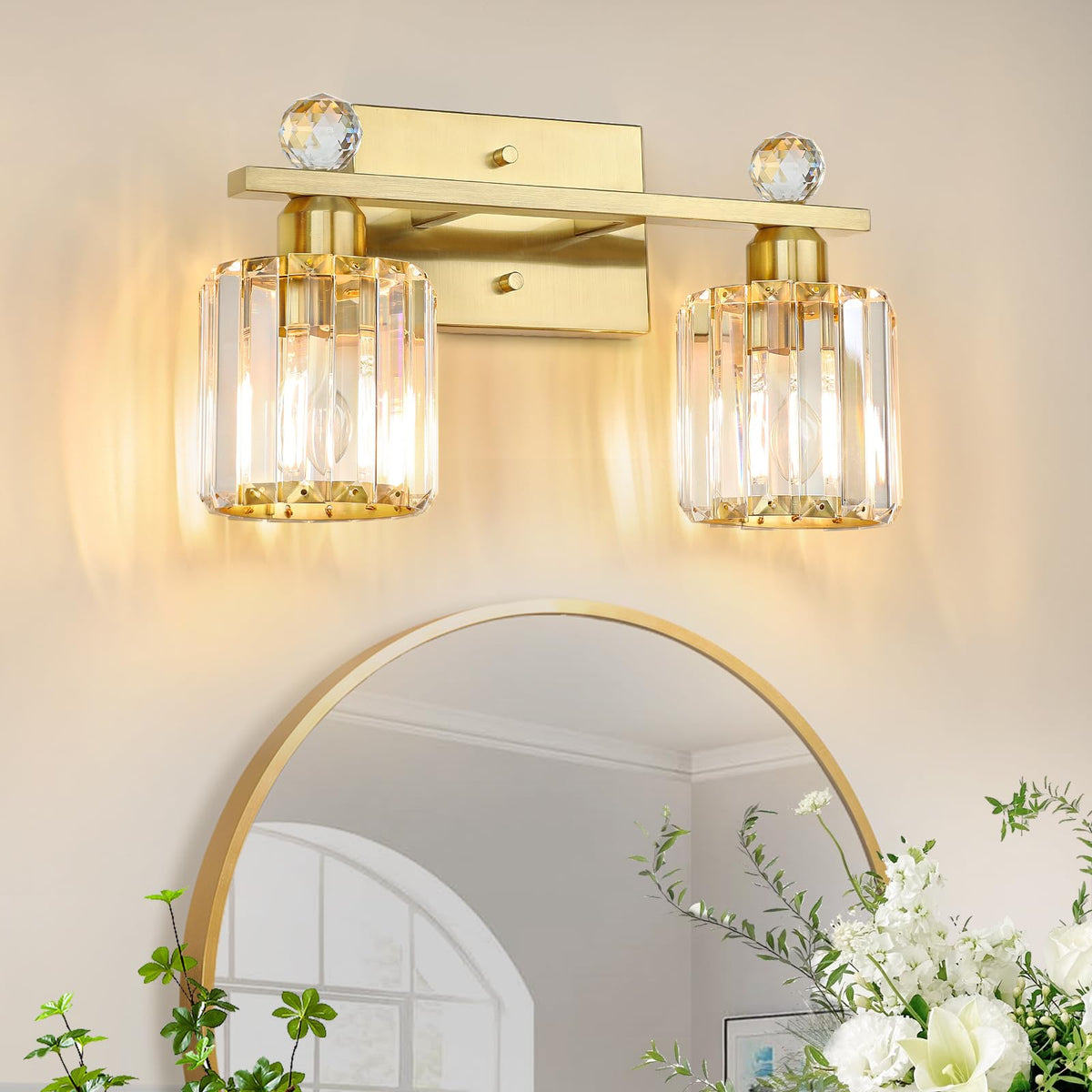 3-Light Gold Bathroom Light Fixtures,Modern Bathroom Vanity Lights Fixture with Clear Crystal Glass Shade, Modern Crystal 3 Lights Wall Sconce for Mirror Bedroom Living Room