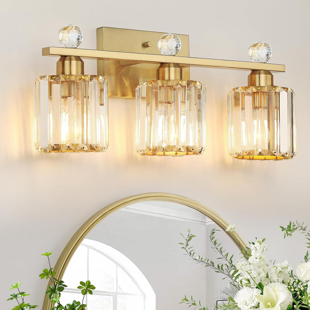 3-Light Gold Bathroom Light Fixtures,Modern Bathroom Vanity Lights Fixture with Clear Crystal Glass Shade, Modern Crystal 3 Lights Wall Sconce for Mirror Bedroom Living Room