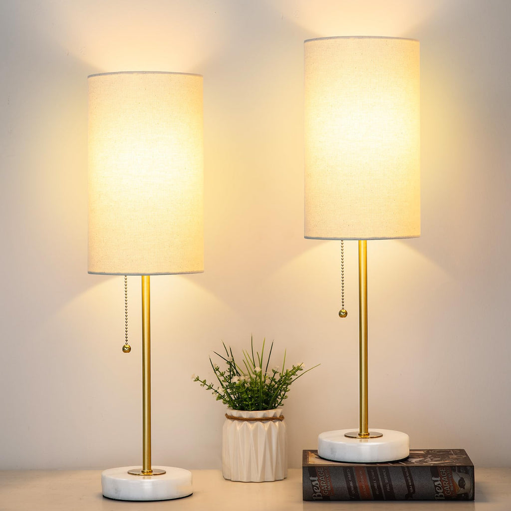JUNNAI 18.5" Desk Lamp & Table Lamp Set of 2, Skinny Bedside Lamp with Marble Base, Pull Chain Switch, 3-Way Dimmable, Linen Fabric Shade, Small Nightstand Lamps for Living Room, Bedroom, Reading