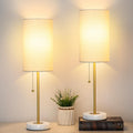 JUNNAI 18.5" Desk Lamp & Table Lamp Set of 2, Skinny Bedside Lamp with Marble Base, Pull Chain Switch, 3-Way Dimmable, Linen Fabric Shade, Small Nightstand Lamps for Living Room, Bedroom, Reading