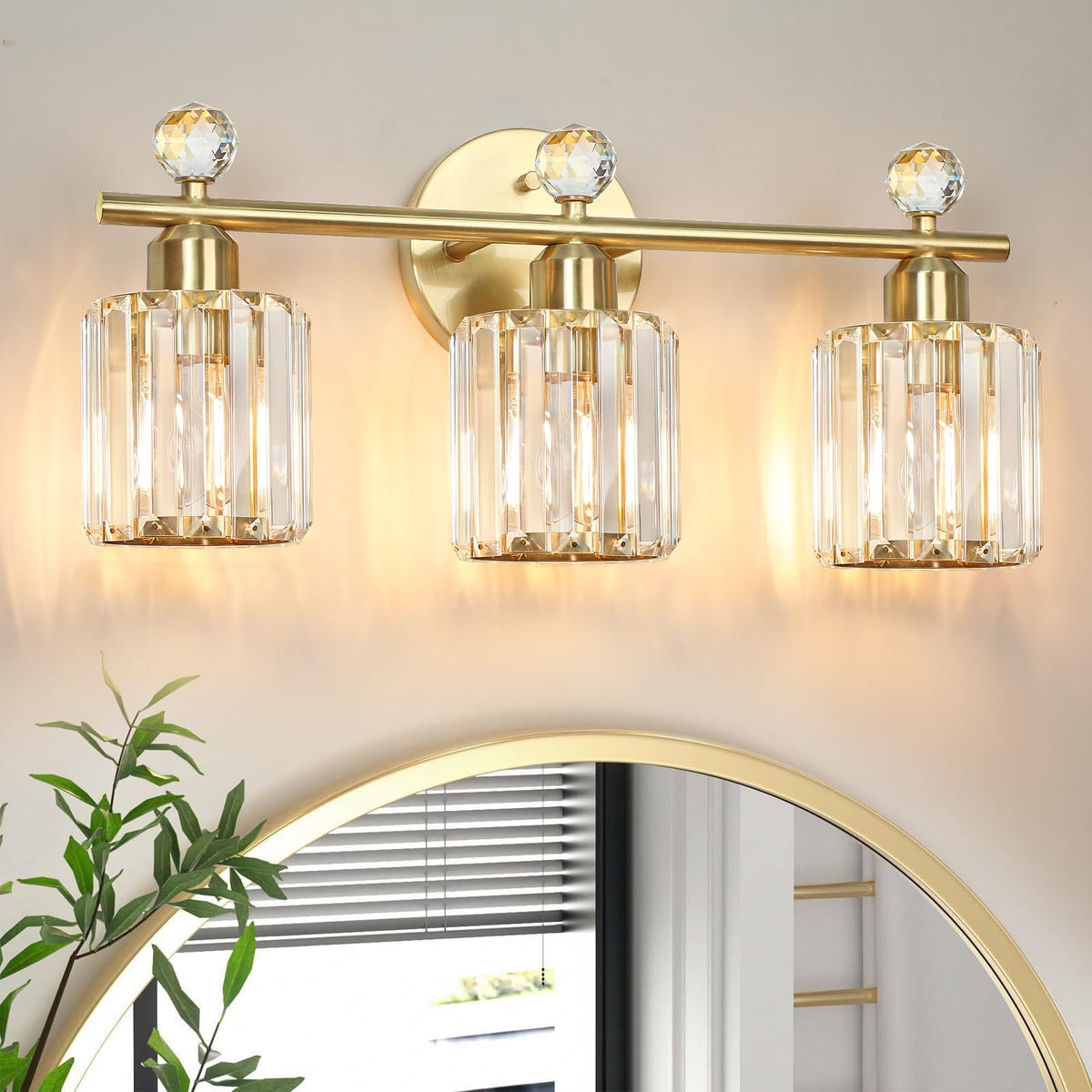3-Light Gold Bathroom Light Fixtures,Modern Bathroom Vanity Lights Fixture with Clear Crystal Glass Shade, Modern Crystal 3 Lights Wall Sconce for Mirror Bedroom Living Room