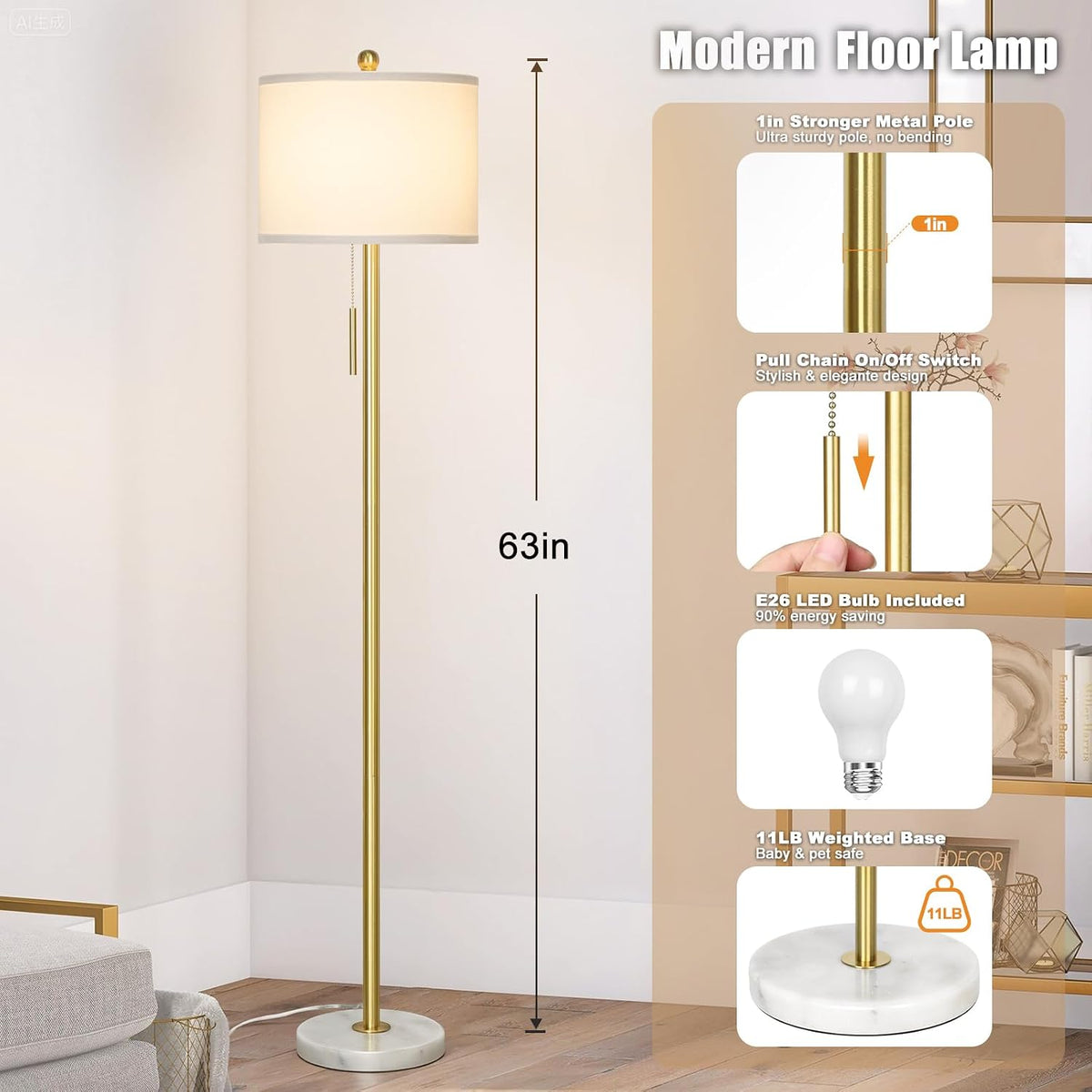 Qingmiao Gold Floor Lamp for Living Room, Anti-Tip Base, 3 Way Bulb