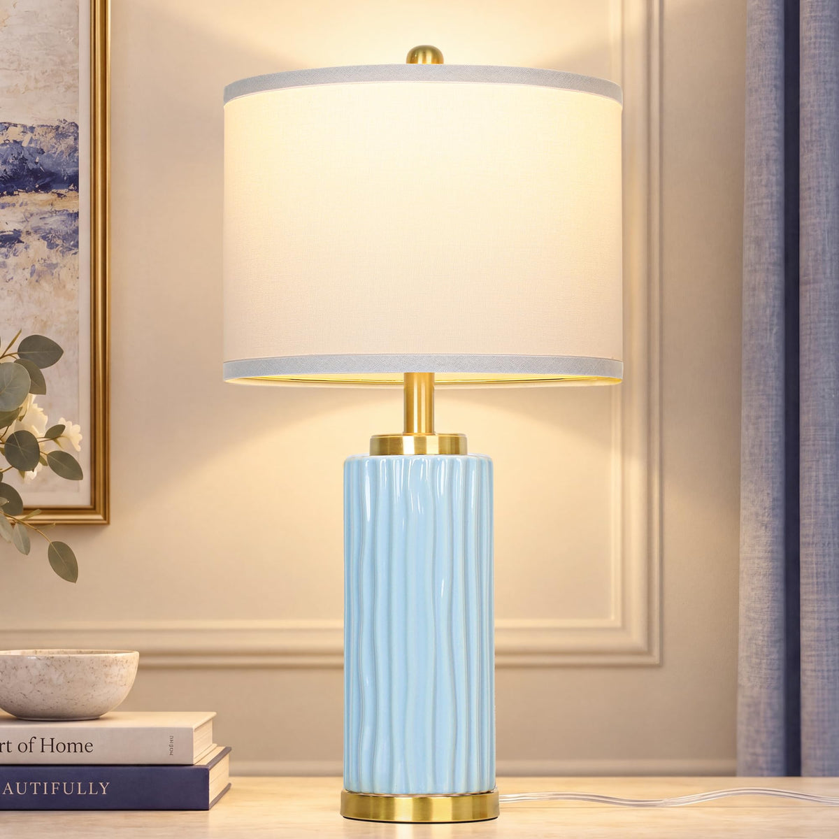 JUNNAI 24.5" White Ceramic Table Lamp 3-Way Dimmable Nightstand with White Linen Shade Bedside Lamp for Bedrooms & Living Room Office Reading(Bulb Included)