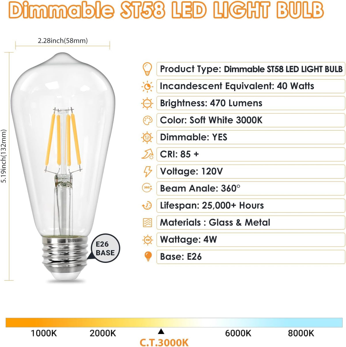 Qingmiao Vintage LED Edison Bulbs, ST58 Dimmable 4W E26 LED Bulb, Pack of 6