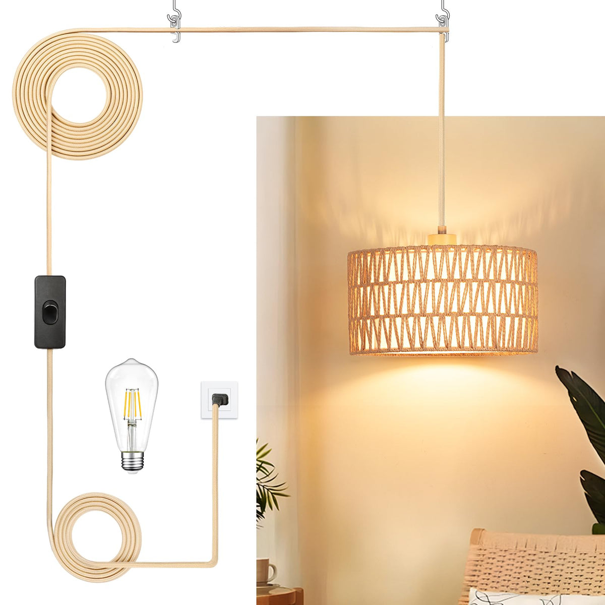 Qingmiao Boho Plug in Pendant Light, Handwoven Shade, 3 Way Bulb, 14ft Cord