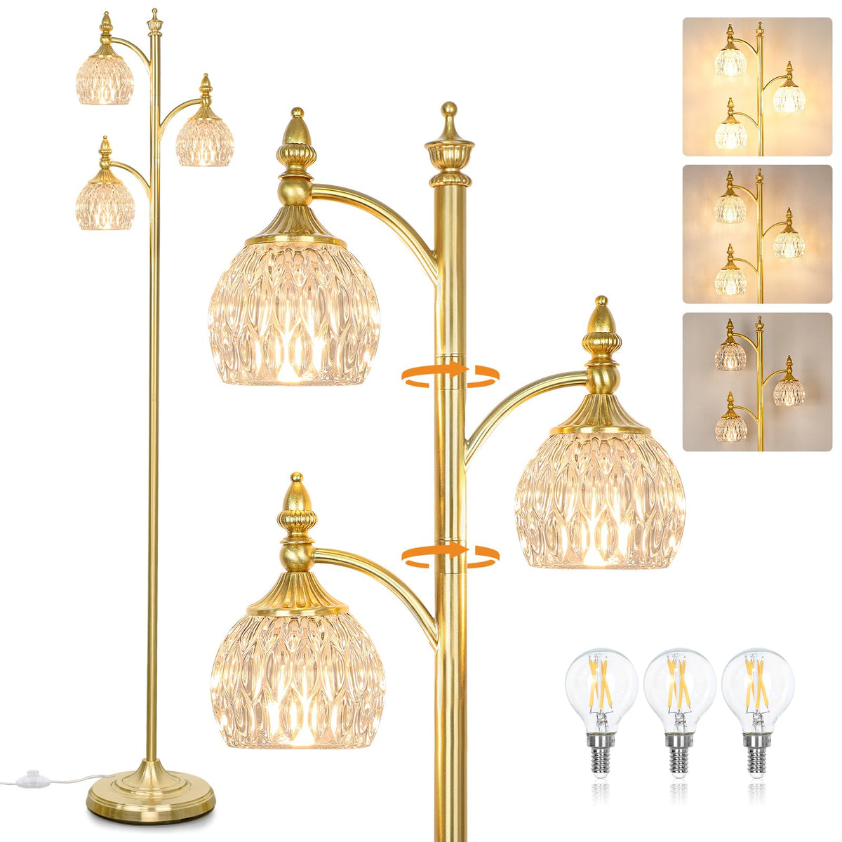 JUNNAI Gold Floor Lamp, Dimmable Tree Floor Lamps for Living Room Brass Tall Standing Lamp with 3 Rotatable Lights Glass Shade 66.5'' Modern Corner Lamp for Bedroom Office(3LED Bulbs Included)