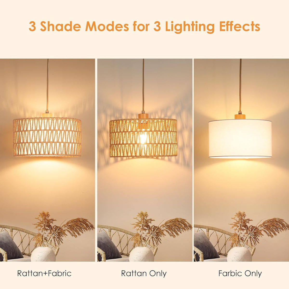 Qingmiao Boho Plug in Pendant Light, Handwoven Shade, 3 Way Bulb, 14ft Cord