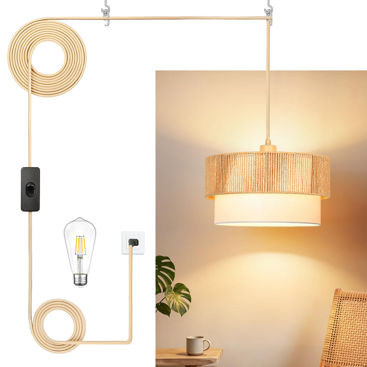 Qingmiao Boho Plug in Pendant Light, Handwoven Shade, 3 Way Bulb, 14ft Cord
