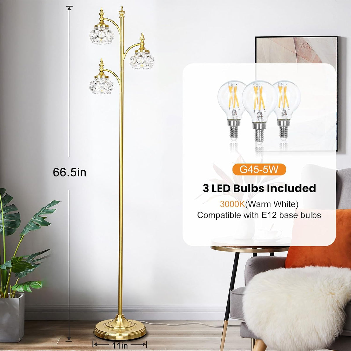 JUNNAI Gold Floor Lamp, Dimmable Tree Floor Lamps for Living Room Brass Tall Standing Lamp with 3 Rotatable Lights Glass Shade 66.5'' Modern Corner Lamp for Bedroom Office(3LED Bulbs Included)