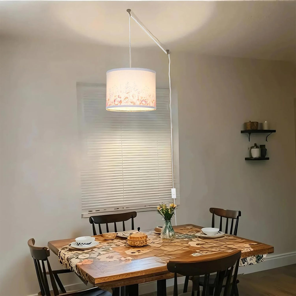 Qingmiao Boho Plug in Pendant Light, Beige Shade, 3 Way Bulb, 14ft Cord