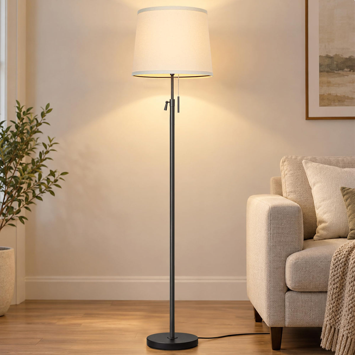 JUNNAI Gold Floor Lamp for Living Room, Tall Standing Lamp 55-65" Adjustable Modern Brass Floor Lamps for Bedroom Reading Office Kids 3 Color Lights Corner Night Stand (9W LED Bulb, White Shade)