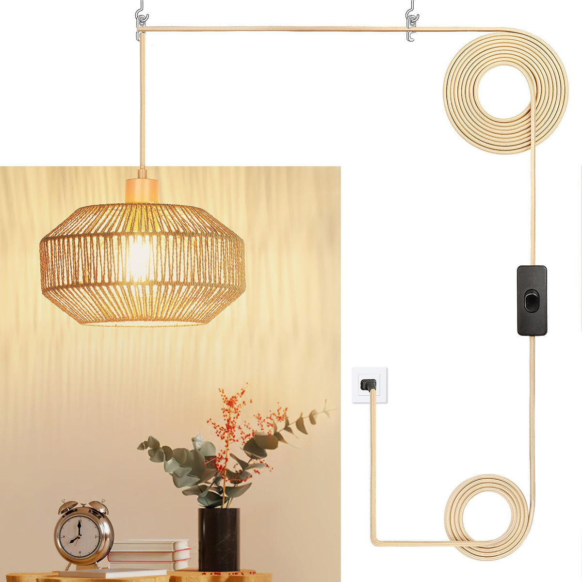 Qingmiao Boho Plug in Pendant Light, Handwoven Shade, 3 Way Bulb, 14ft Cord