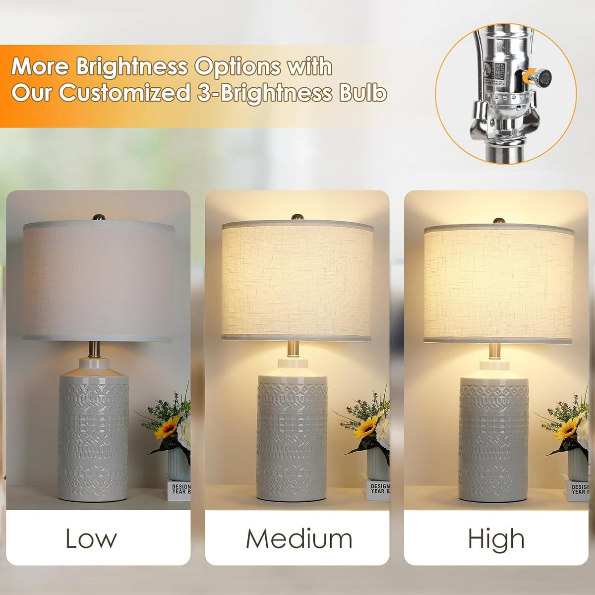 JUNNAI 24.5" White Ceramic Table Lamp 3-Way Dimmable Nightstand with White Linen Shade Bedside Lamp for Bedrooms & Living Room Office Reading(Bulb Included)