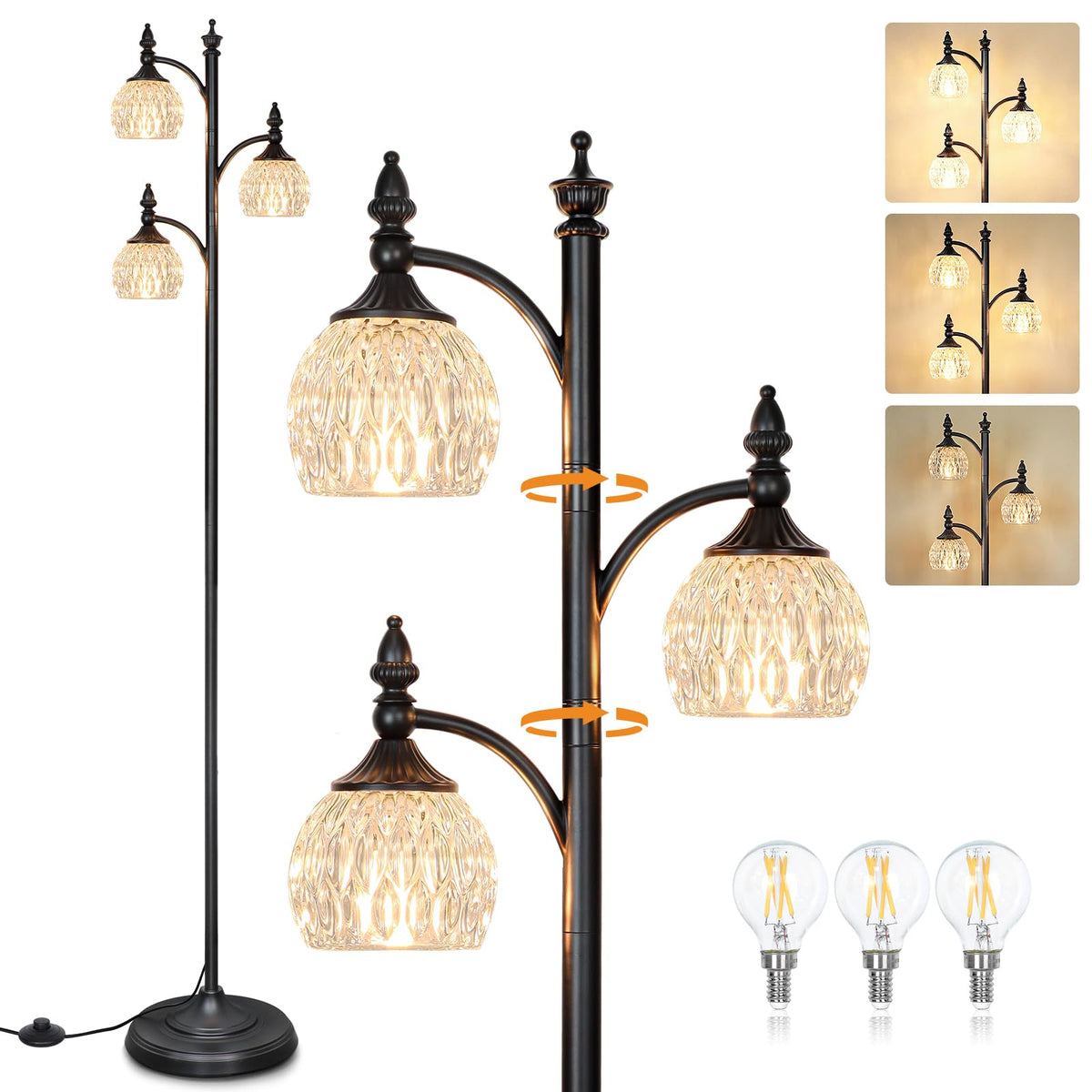 JUNNAI Gold Floor Lamp, Dimmable Tree Floor Lamps for Living Room Brass Tall Standing Lamp with 3 Rotatable Lights Glass Shade 66.5'' Modern Corner Lamp for Bedroom Office(3LED Bulbs Included)