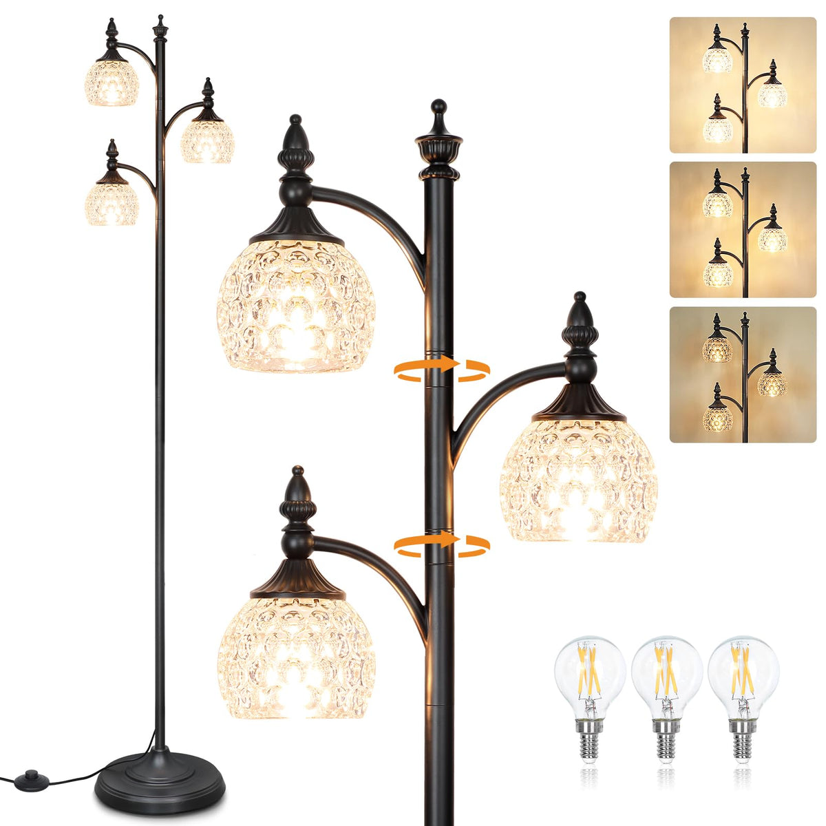 JUNNAI Gold Floor Lamp, Dimmable Tree Floor Lamps for Living Room Brass Tall Standing Lamp with 3 Rotatable Lights Glass Shade 66.5'' Modern Corner Lamp for Bedroom Office(3LED Bulbs Included)