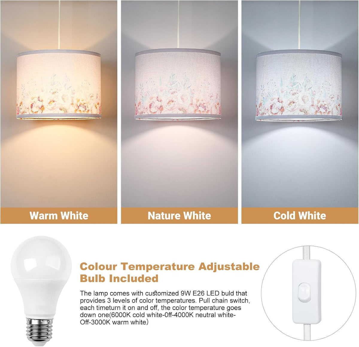Qingmiao Boho Plug in Pendant Light, Beige Shade, 3 Way Bulb, 14ft Cord