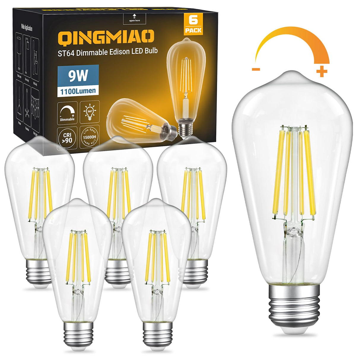 Qingmiao Dimmable ST64 LED Edison Bulbs, 6W 3000K Soft White, E26, 6 Pack