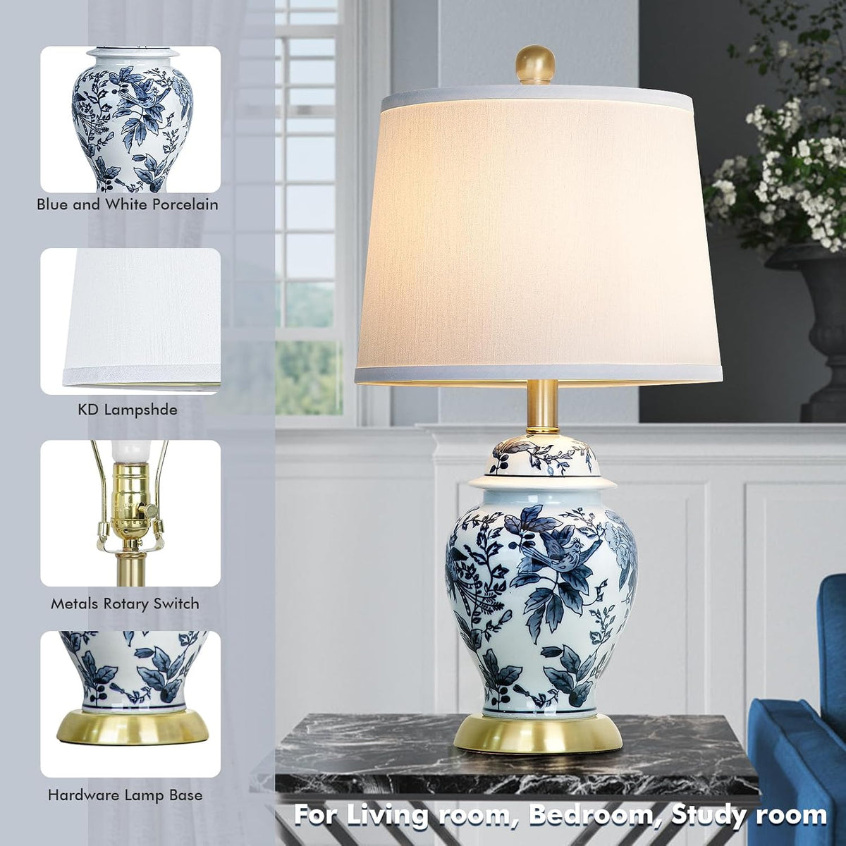 Chinoiserie Table Lamp 23'' Ceramic Table Lamp, Classic Blue and White Bedside Desk Nightstand Lamp for Bedroom Living Room Office College Bookcase Coffee,Dimmable,Single Lamp