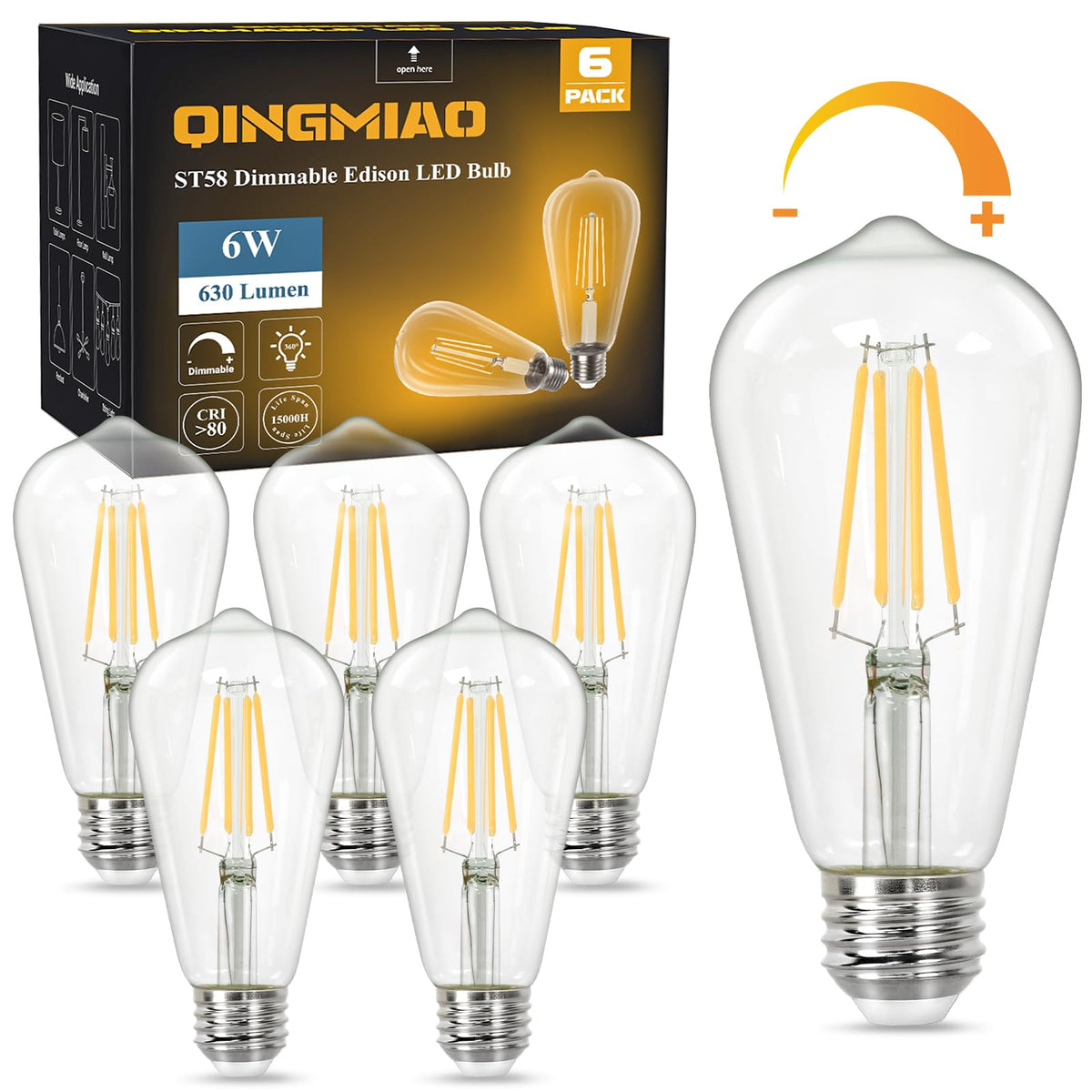 Qingmiao Vintage LED Edison Bulbs, ST58 Dimmable 4W E26 LED Bulb, Pack of 6