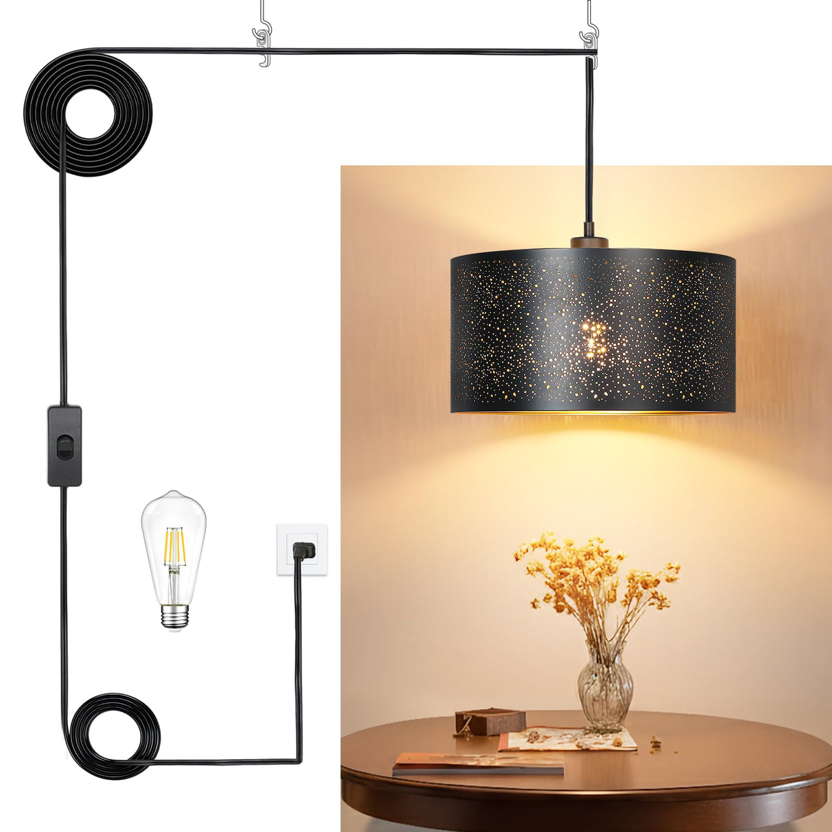 Qingmiao Plug in Pendant Light, 3 Way Bulb, 14ft Cord, On/Off Switch
