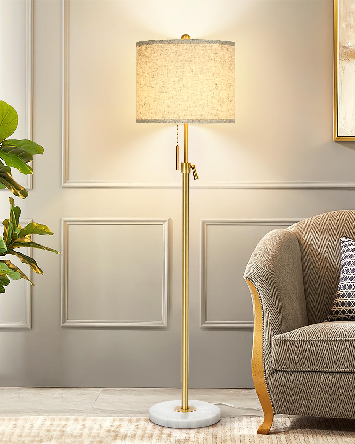 Qingmiao Brushed Nickel Floor Lamps for Living Room, 55"-67" Height Adjustable Modern Tall Lamp, 3-Way Dimmable Standing Lamp for Bedroom Office Reading Corner Home Decor, New House Warming Gifts