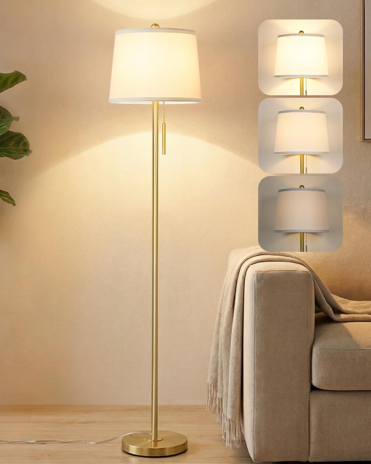 JUNNAI Gold Floor Lamp for Living Room, 61.8" Tall Standing Lamp, Modern Brass Floor Lamp for Bedroom Reading Office Classroom Corner, 3-Color Temperatures, 9W LED Bulb Included