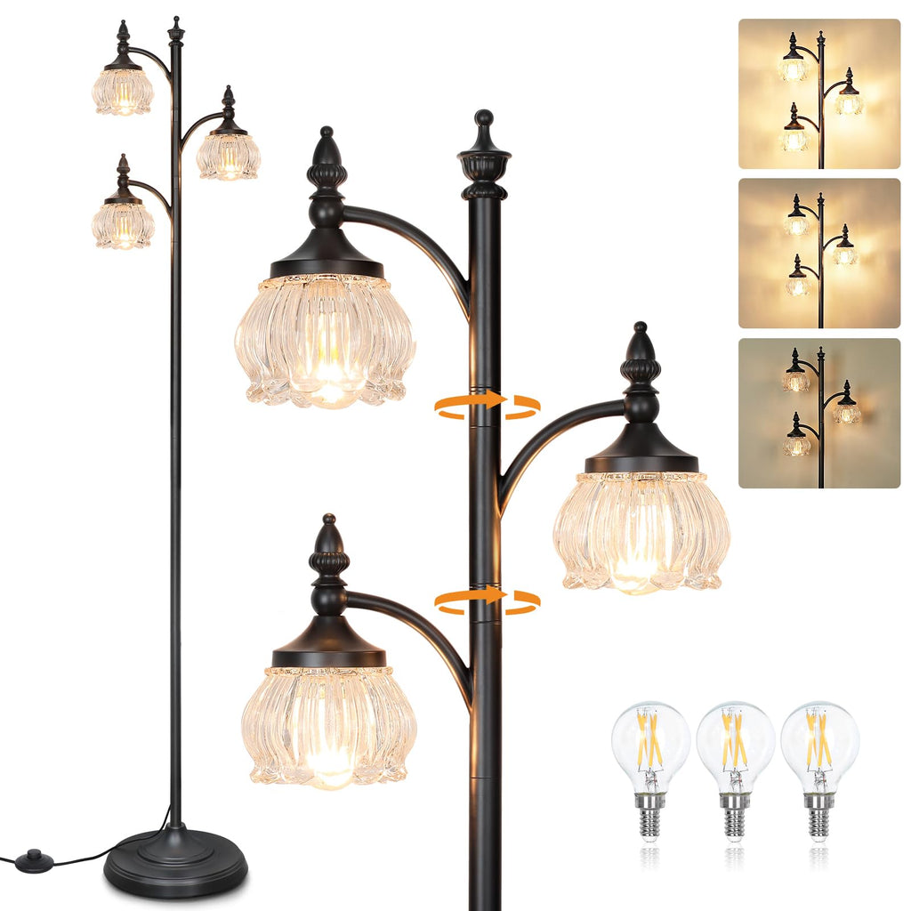 JUNNAI Gold Floor Lamp, Dimmable Tree Floor Lamps for Living Room Brass Tall Standing Lamp with 3 Rotatable Lights Glass Shade 66.5'' Modern Corner Lamp for Bedroom Office(3LED Bulbs Included)