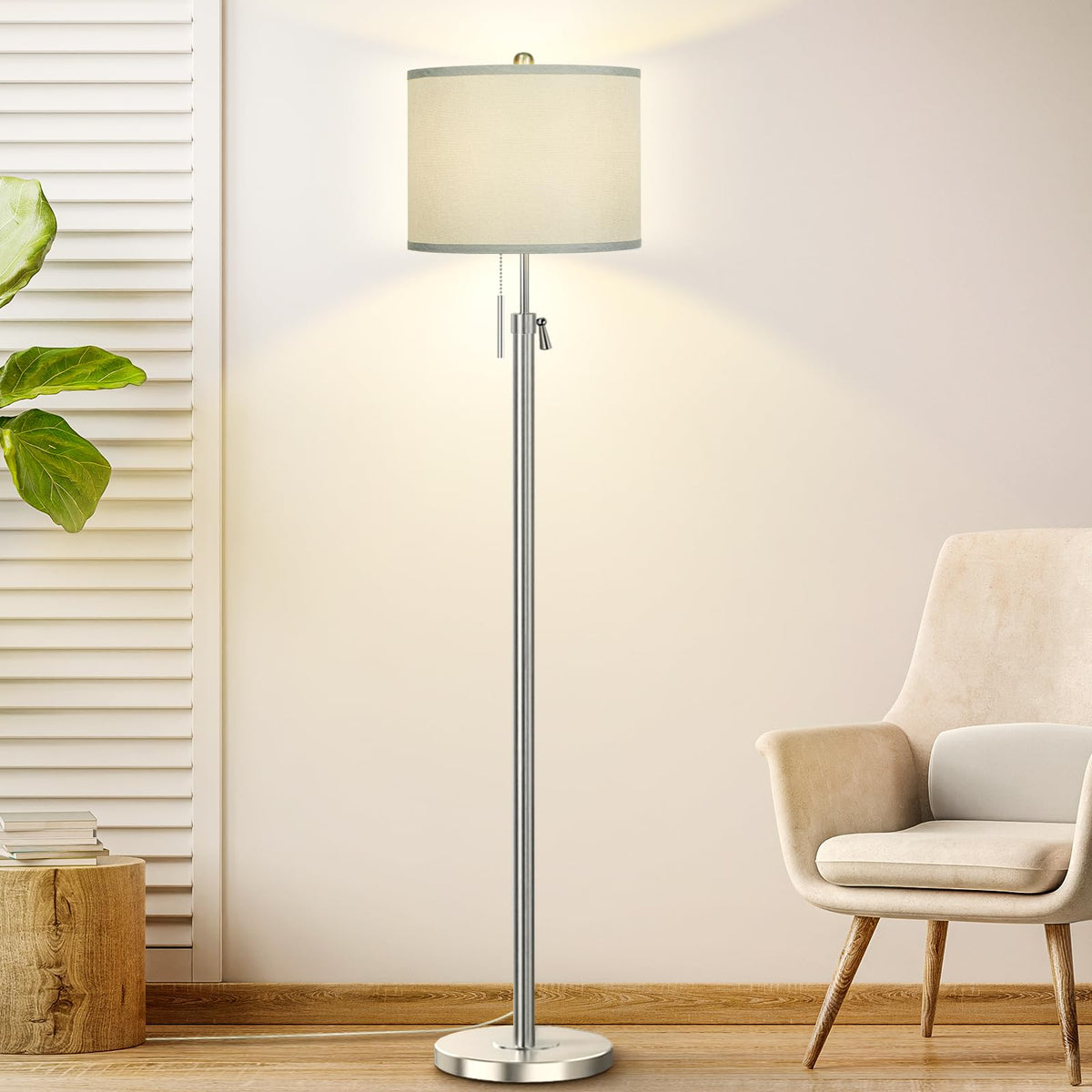Qingmiao Brushed Nickel Floor Lamps for Living Room, 55"-67" Height Adjustable Modern Tall Lamp, 3-Way Dimmable Standing Lamp for Bedroom Office Reading Corner Home Decor, New House Warming Gifts