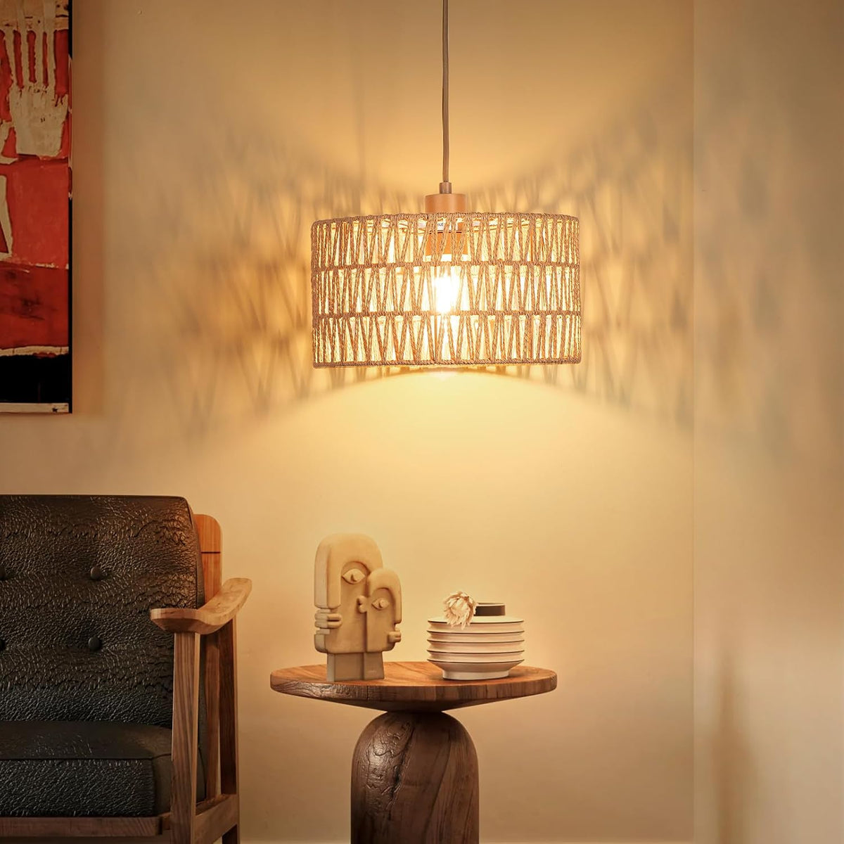 Qingmiao Boho Plug in Pendant Light, Handwoven Shade, 3 Way Bulb, 14ft Cord