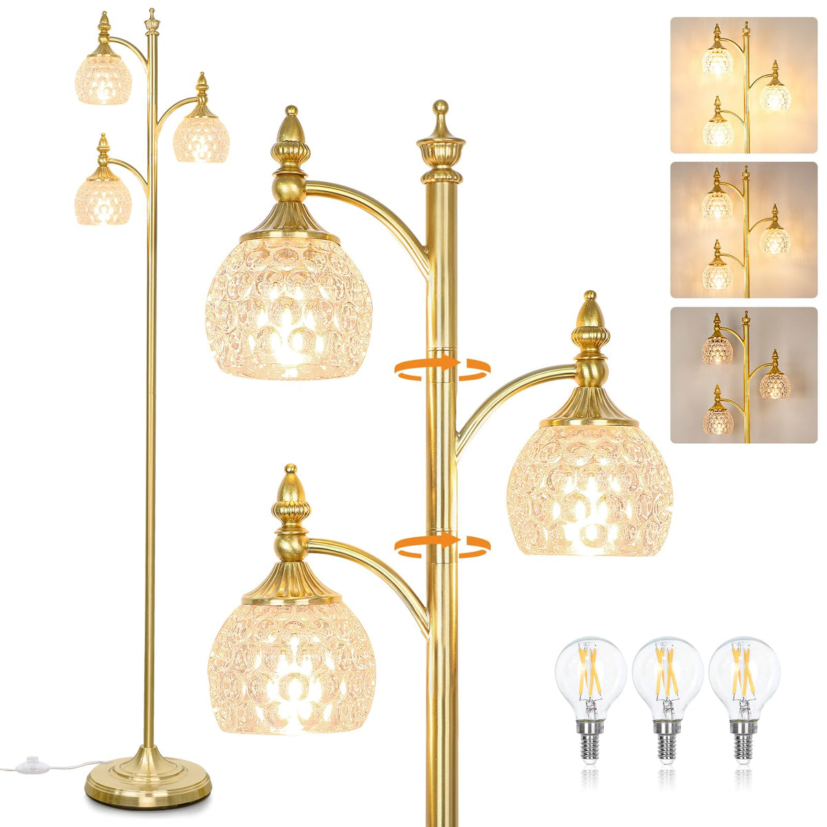JUNNAI Gold Floor Lamp, Dimmable Tree Floor Lamps for Living Room Brass Tall Standing Lamp with 3 Rotatable Lights Glass Shade 66.5'' Modern Corner Lamp for Bedroom Office(3LED Bulbs Included)