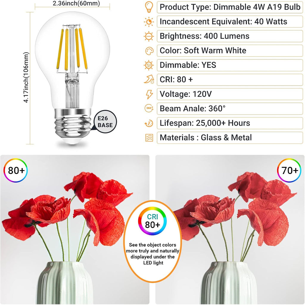 A19 E26 Base Dimmable Edison LED Bulb, 4W(40 Watt Equivalent) Stepless Dimming Light Bulbs 470lm, 3000K Soft Warm White, Vintage Clear Glass LED Filament Bulb for Home, Wall Sconce, Chandelier, 6 Pack