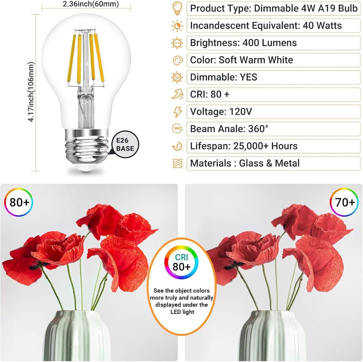 A19 E26 Base Dimmable Edison LED Bulb, 4W(40 Watt Equivalent) Stepless Dimming Light Bulbs 470lm, 3000K Soft Warm White, Vintage Clear Glass LED Filament Bulb for Home, Wall Sconce, Chandelier, 6 Pack