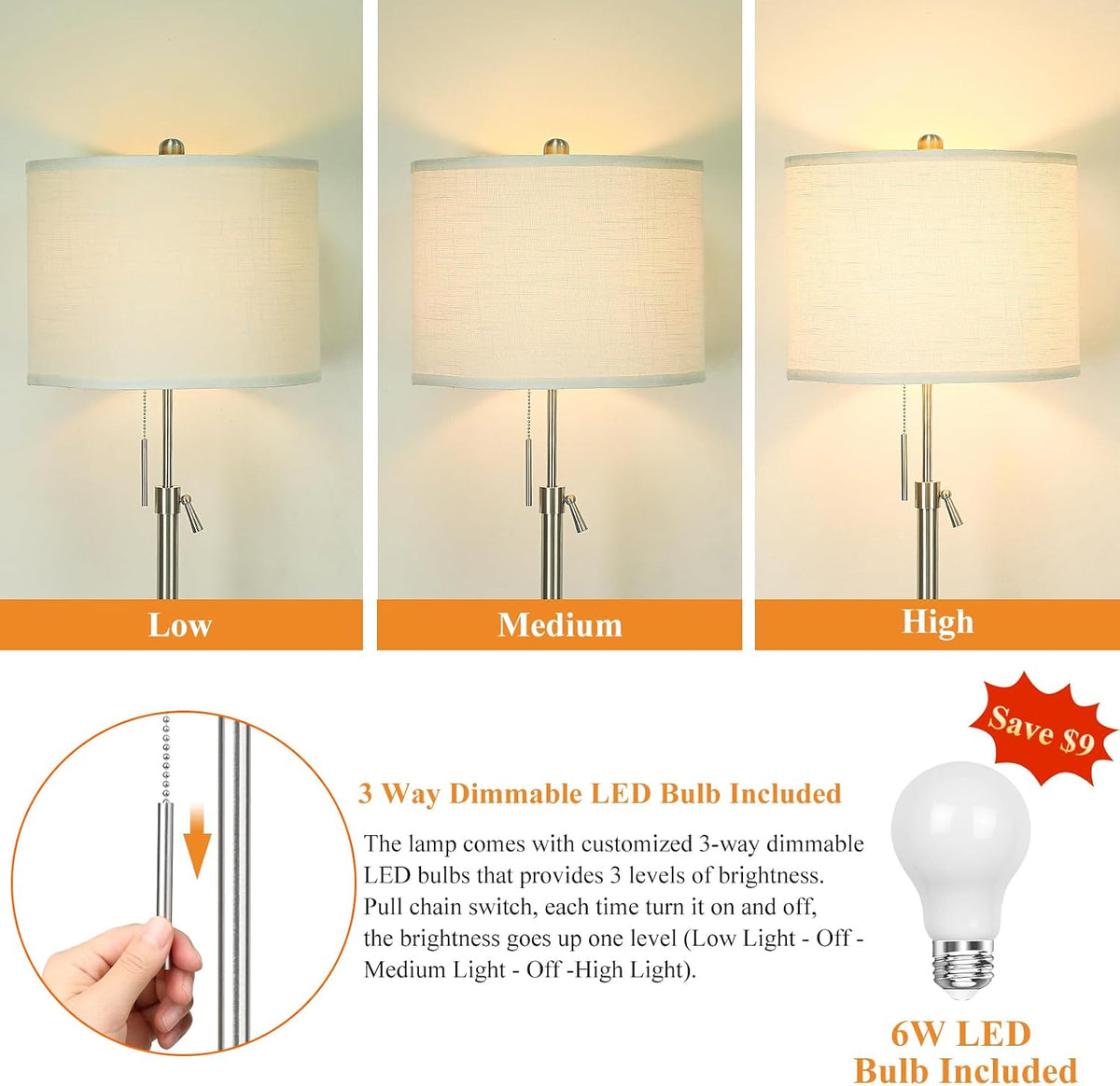 Qingmiao Brushed Nickel Floor Lamps for Living Room, 55"-67" Height Adjustable Modern Tall Lamp, 3-Way Dimmable Standing Lamp for Bedroom Office Reading Corner Home Decor, New House Warming Gifts