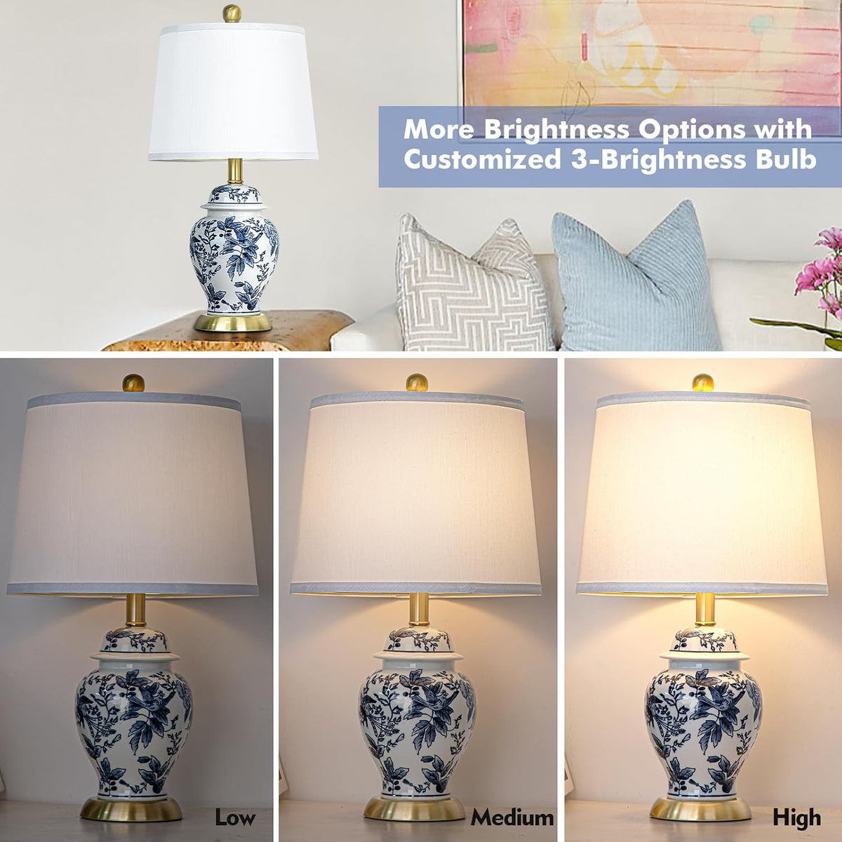 Chinoiserie Table Lamp 23'' Ceramic Table Lamp, Classic Blue and White Bedside Desk Nightstand Lamp for Bedroom Living Room Office College Bookcase Coffee,Dimmable,Single Lamp