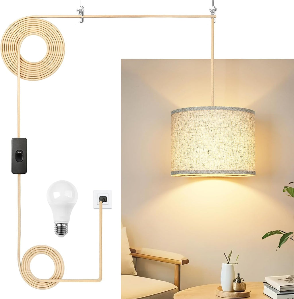 Qingmiao Plug in Pendant Light, 3 Way Bulb, 14ft Cord, On/Off Switch