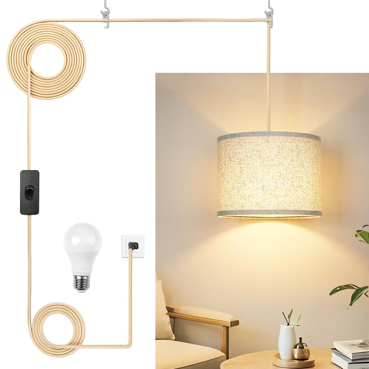 Qingmiao Plug in Pendant Light, 3 Way Bulb, 14ft Cord, On/Off Switch