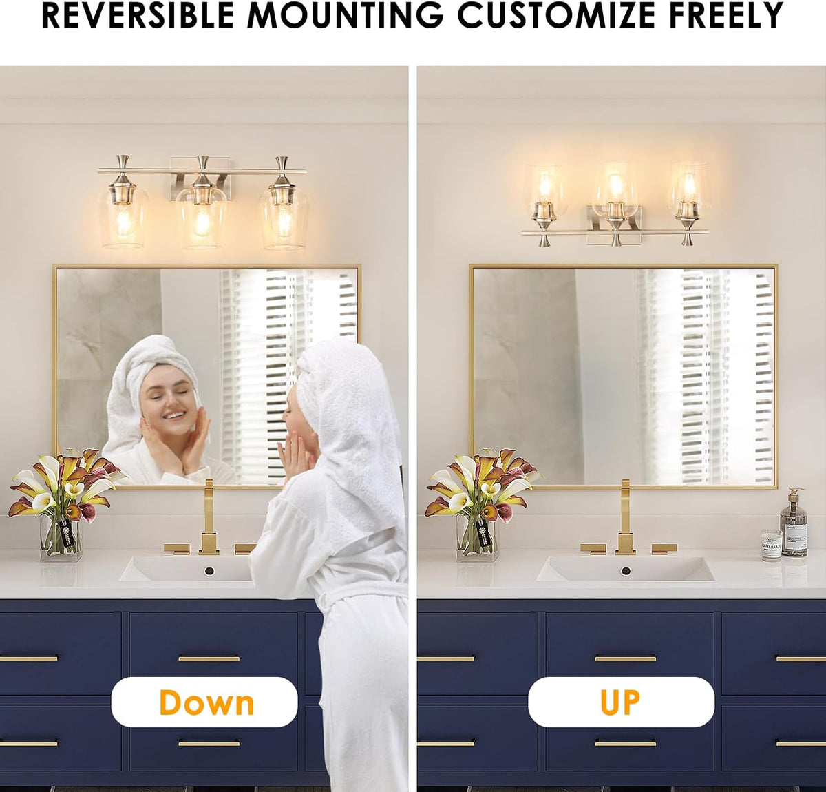 Silver Bathroom Vanity Light, 3-Light Wall Sconce with Glass Shade