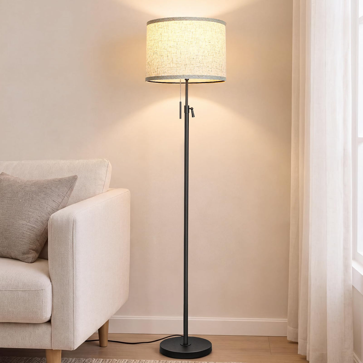Qingmiao Brushed Nickel Floor Lamps for Living Room, 55"-67" Height Adjustable Modern Tall Lamp, 3-Way Dimmable Standing Lamp for Bedroom Office Reading Corner Home Decor, New House Warming Gifts