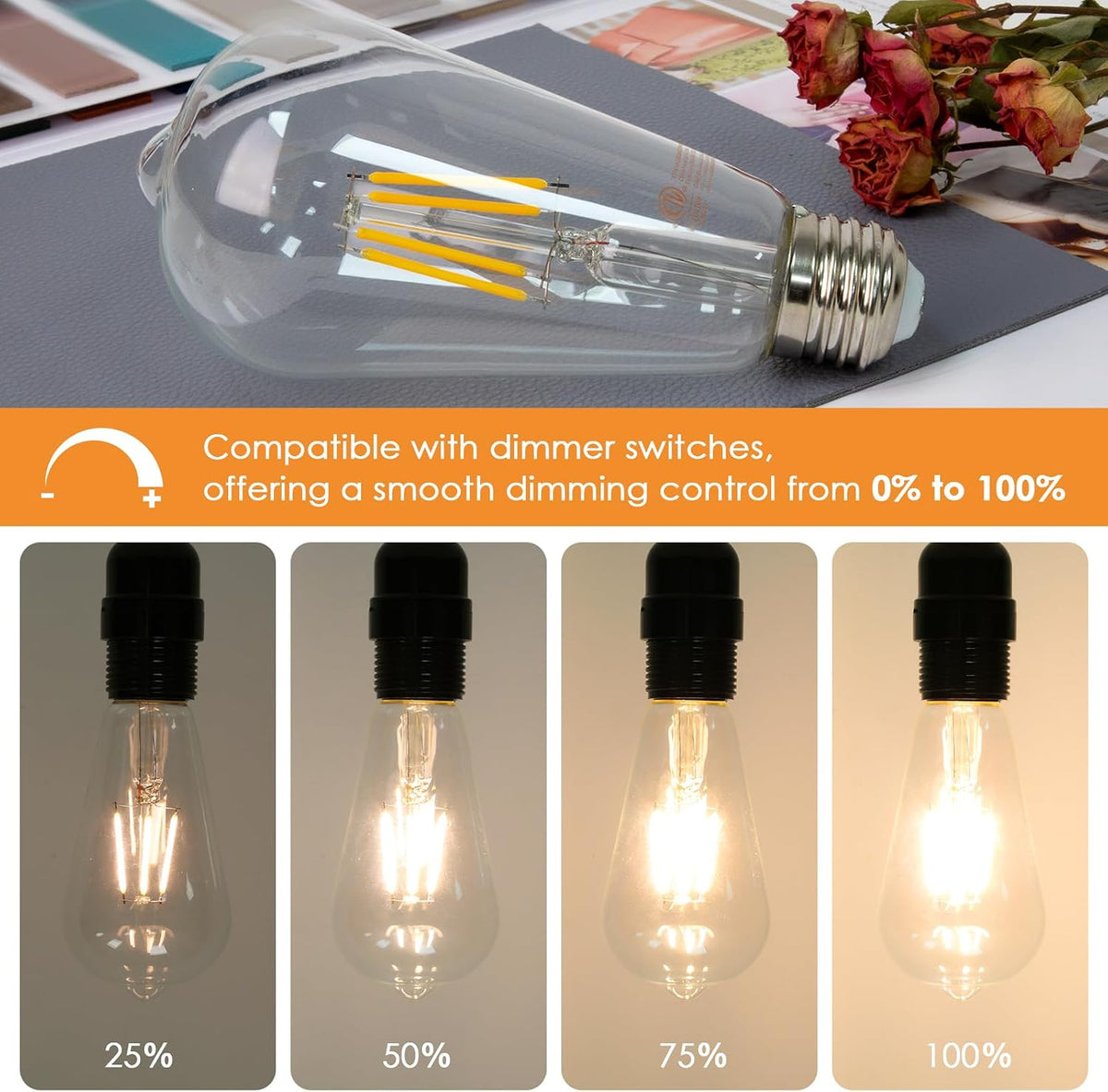 Qingmiao Dimmable ST64 LED Edison Bulbs, 6W 3000K Soft White, E26, 6 Pack