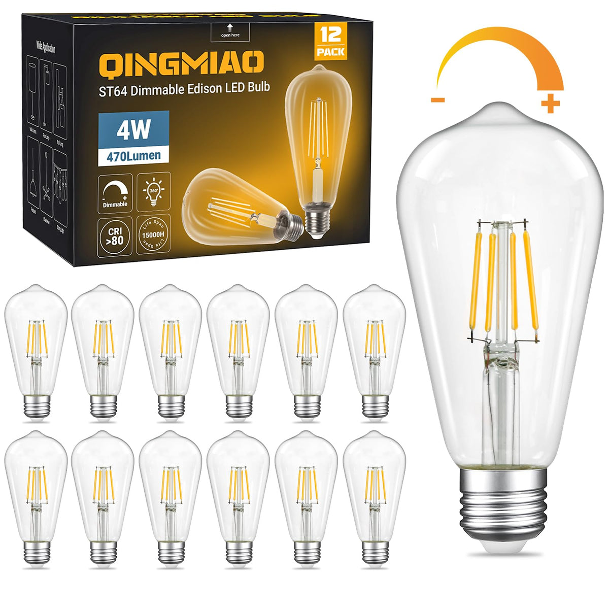 Qingmiao Vintage LED Edison Bulbs, ST58 Dimmable 4W E26 LED Bulb, Pack of 6