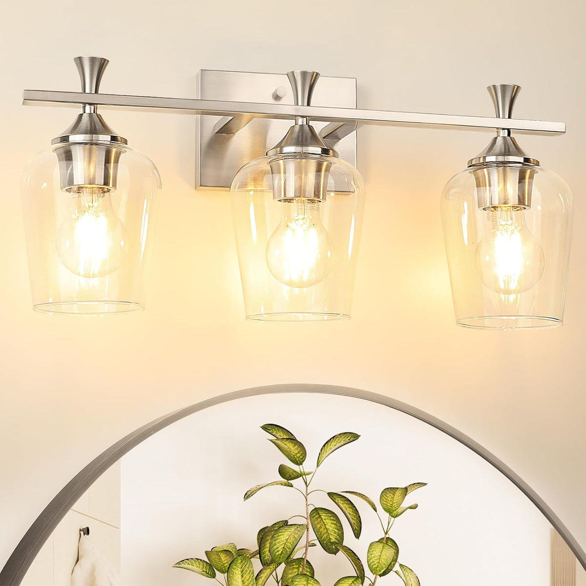 Silver Bathroom Vanity Light, 3-Light Wall Sconce with Glass Shade