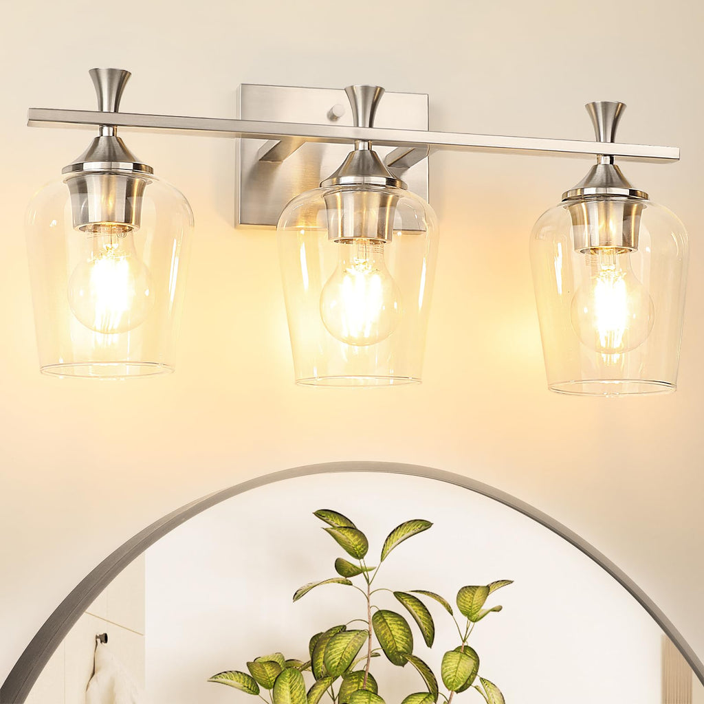 Silver Bathroom Vanity Light, 3-Light Wall Sconce with Glass Shade