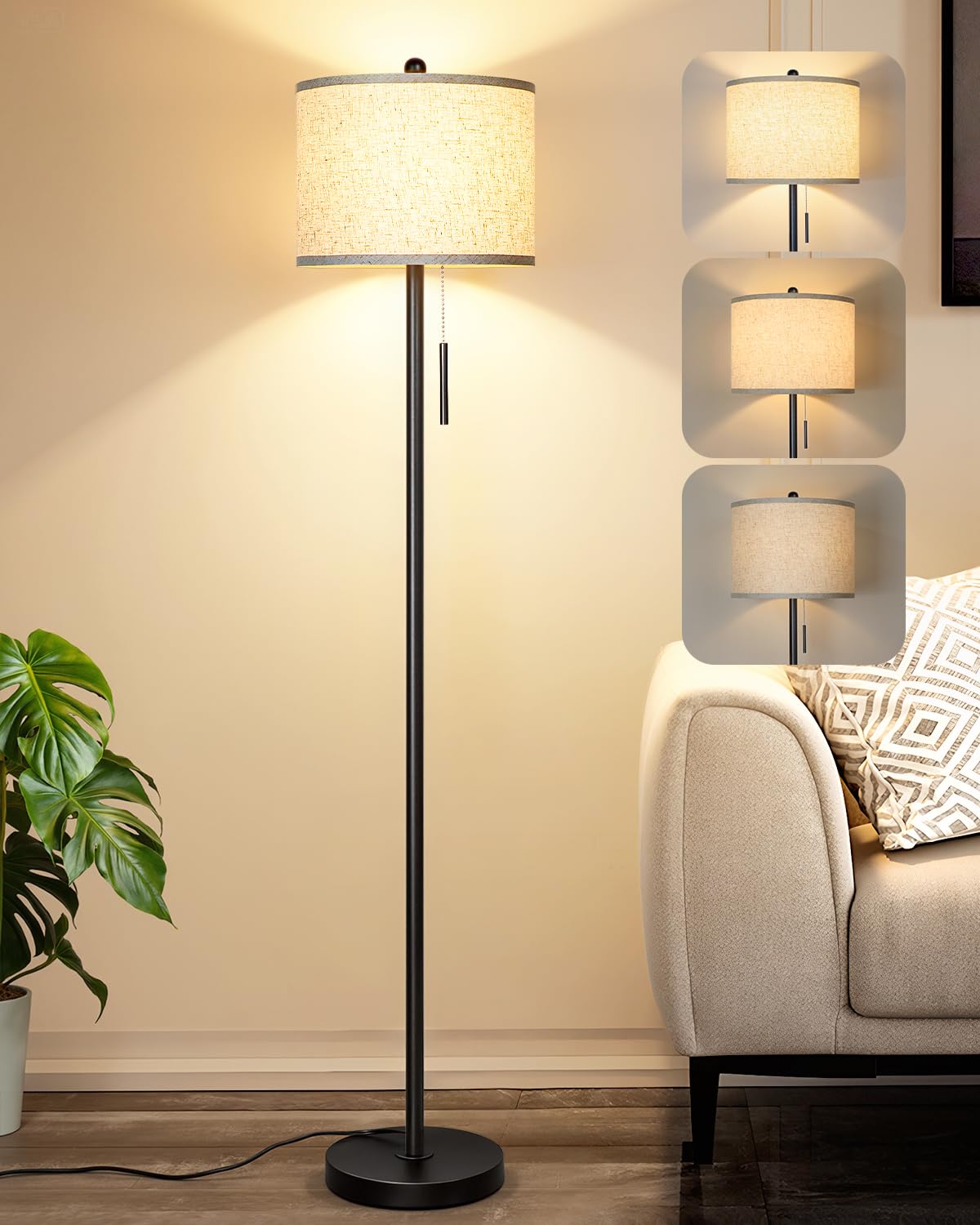 Qingmiao Gold Floor Lamp for Living Room, Anti-Tip Base, 3 Way Bulb