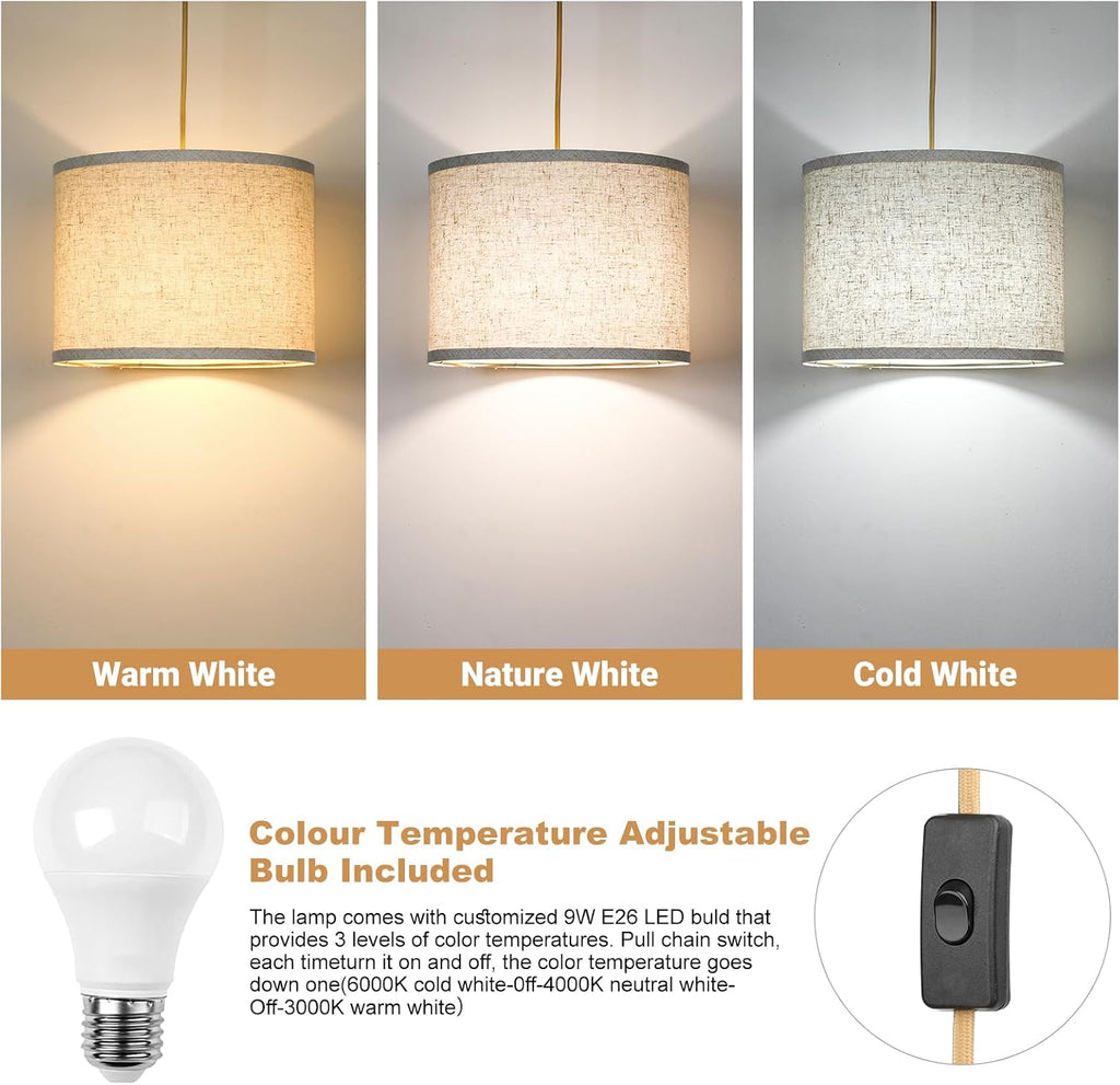 Qingmiao Plug in Pendant Light, 3 Way Bulb, 14ft Cord, On/Off Switch