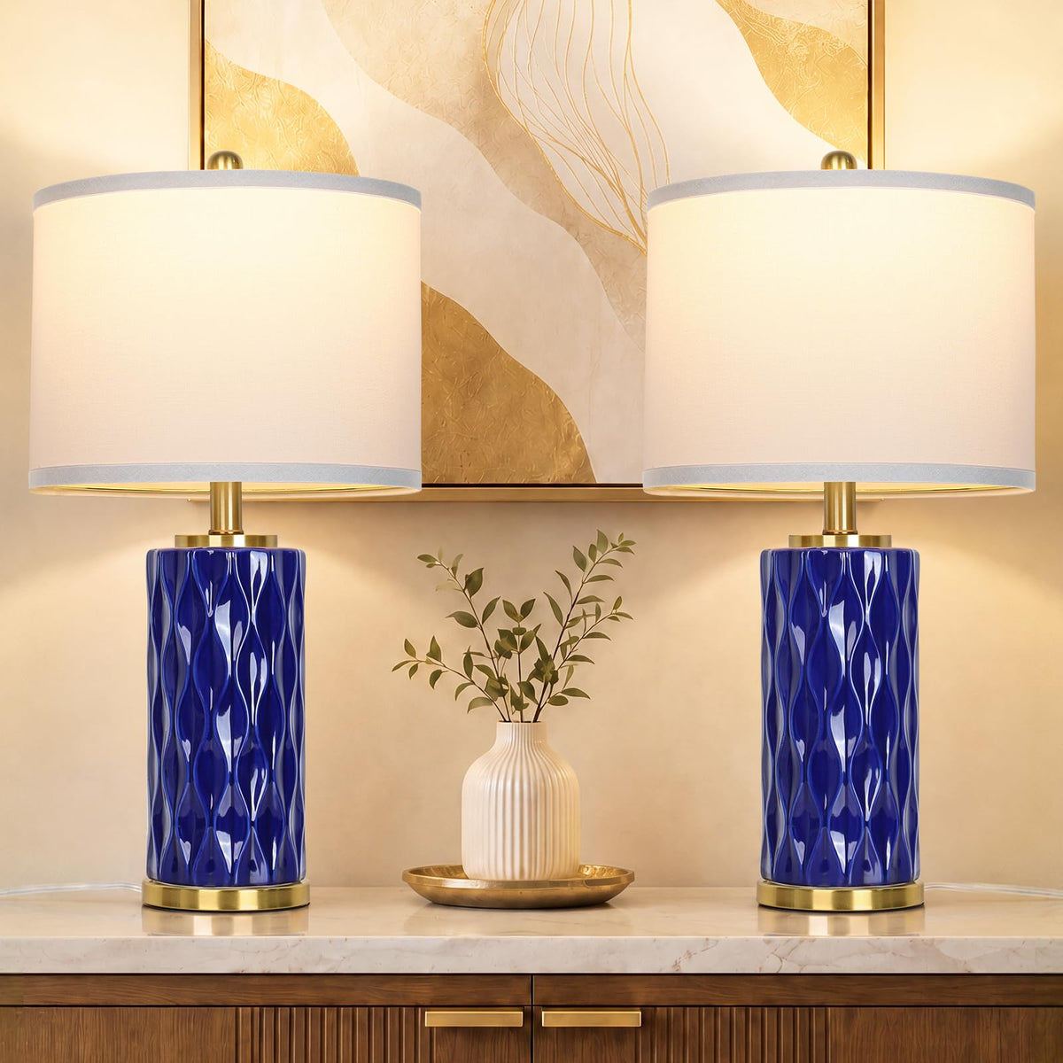 Qingmiao Modern Ceramic Table Lamp, Set of 2 - Navy Blue with Diamond Protrusions Texture, 25'' Nightstand Lamp for Bedroom Living Room, 3-Way Dimmable Included