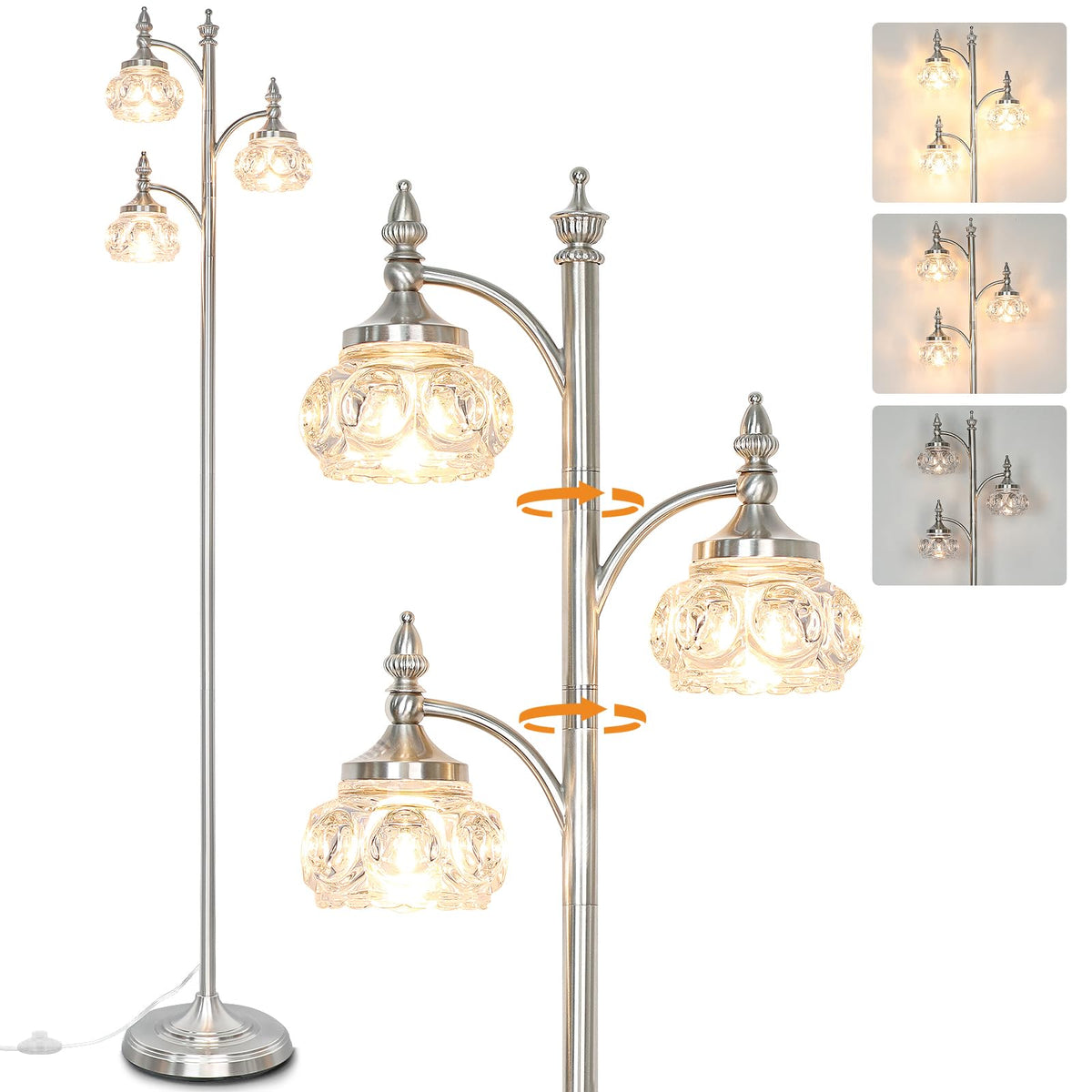 JUNNAI Gold Floor Lamp, Dimmable Tree Floor Lamps for Living Room Brass Tall Standing Lamp with 3 Rotatable Lights Glass Shade 66.5'' Modern Corner Lamp for Bedroom Office(3LED Bulbs Included)