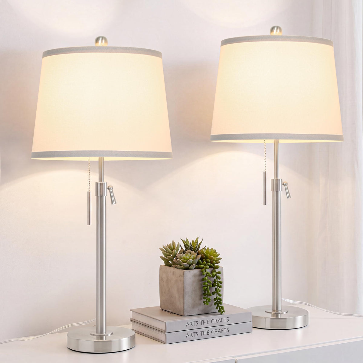 JUNNAI 2 Pack 22"-30" Adjustable Height Table Lamps Set, Modern Gold Table Lamps with White Shade 3 Colour Temperature Pull Chain Tall Lamps for Living Room Bedroom Bedside End Table Nightstand