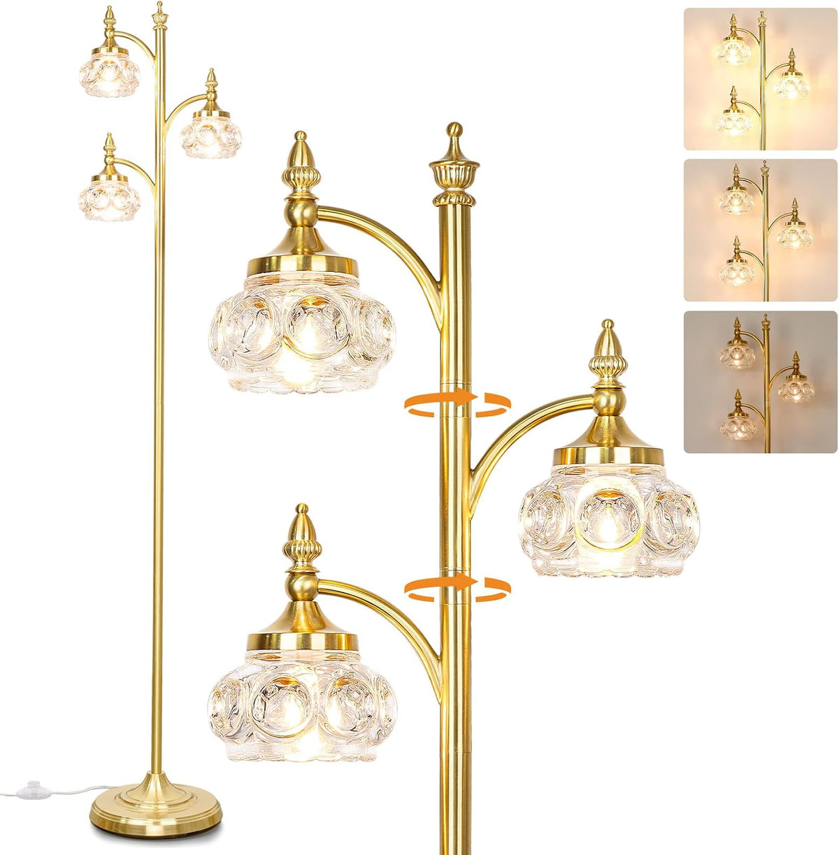 JUNNAI Gold Floor Lamp, Dimmable Tree Floor Lamps for Living Room Brass Tall Standing Lamp with 3 Rotatable Lights Glass Shade 66.5'' Modern Corner Lamp for Bedroom Office(3LED Bulbs Included)