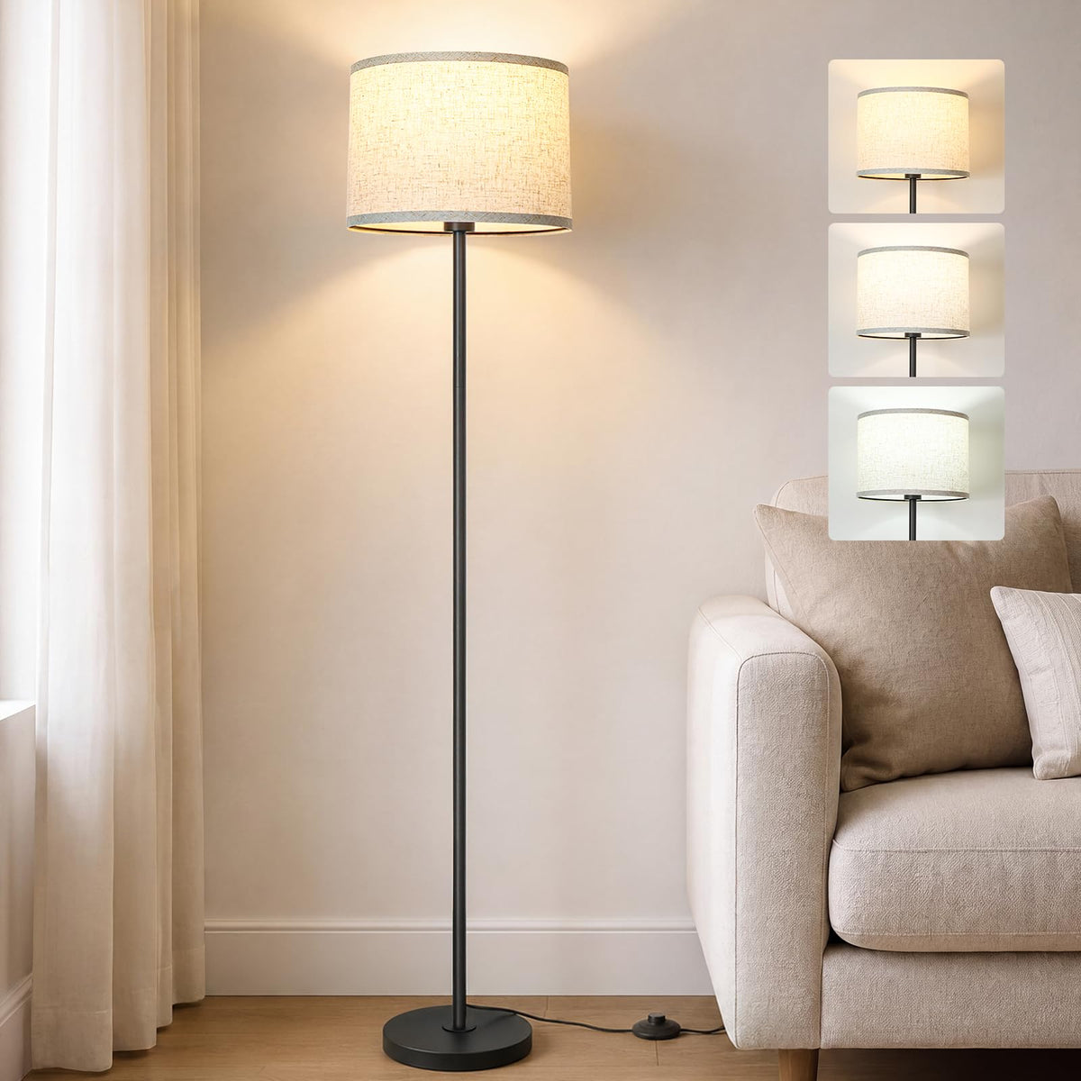 Qingmiao Gold Floor Lamp for Living Room, Anti-Tip Base, 3 Way Bulb